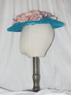 Victorian Edwardian Teal & Blush Satin Ruffled Floral Hat – Elegant Statement Headwear for Special Occasions ARHA1005