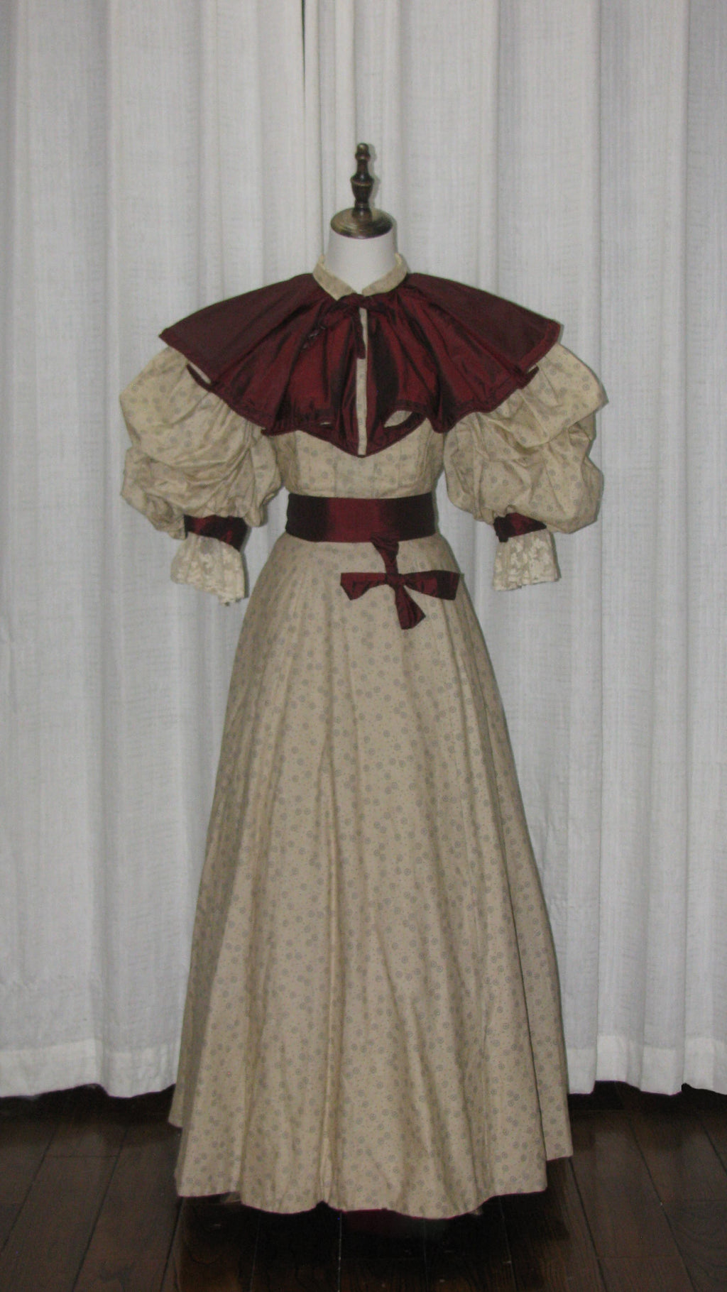 1890s Light Beige Floral Day|Evening Dress with Square Neck & Puff Sleeves - ARCL1008