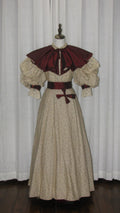 1890s Light Beige Floral Day|Evening Dress with Square Neck & Puff Sleeves - ARCL1008