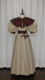 1890s Light Beige Floral Day|Evening Dress with Square Neck & Puff Sleeves - ARCL1008