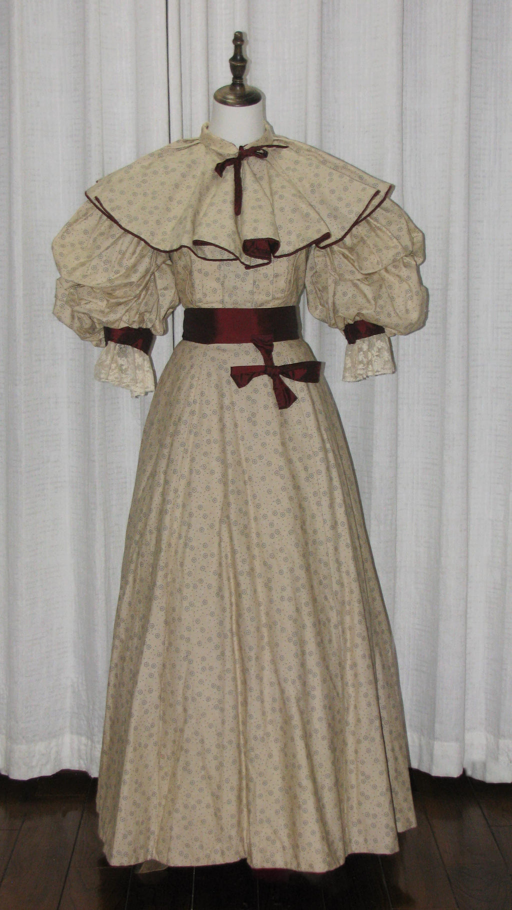1890s Light Beige Floral Day|Evening Dress with Square Neck & Puff Sleeves - ARCL1008