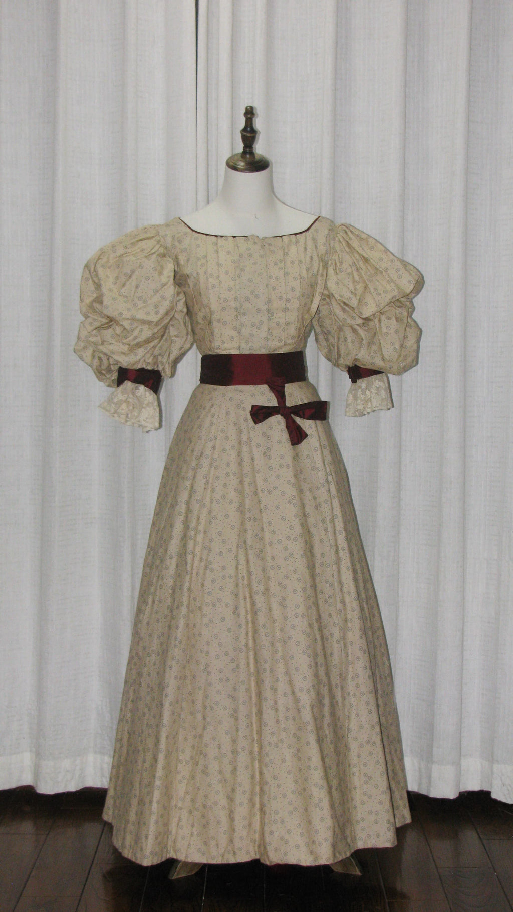 1890s Light Beige Floral Day|Evening Dress with Square Neck & Puff Sleeves - ARCL1008