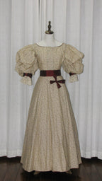 1890s Light Beige Floral Day|Evening Dress with Square Neck & Puff Sleeves - ARCL1008