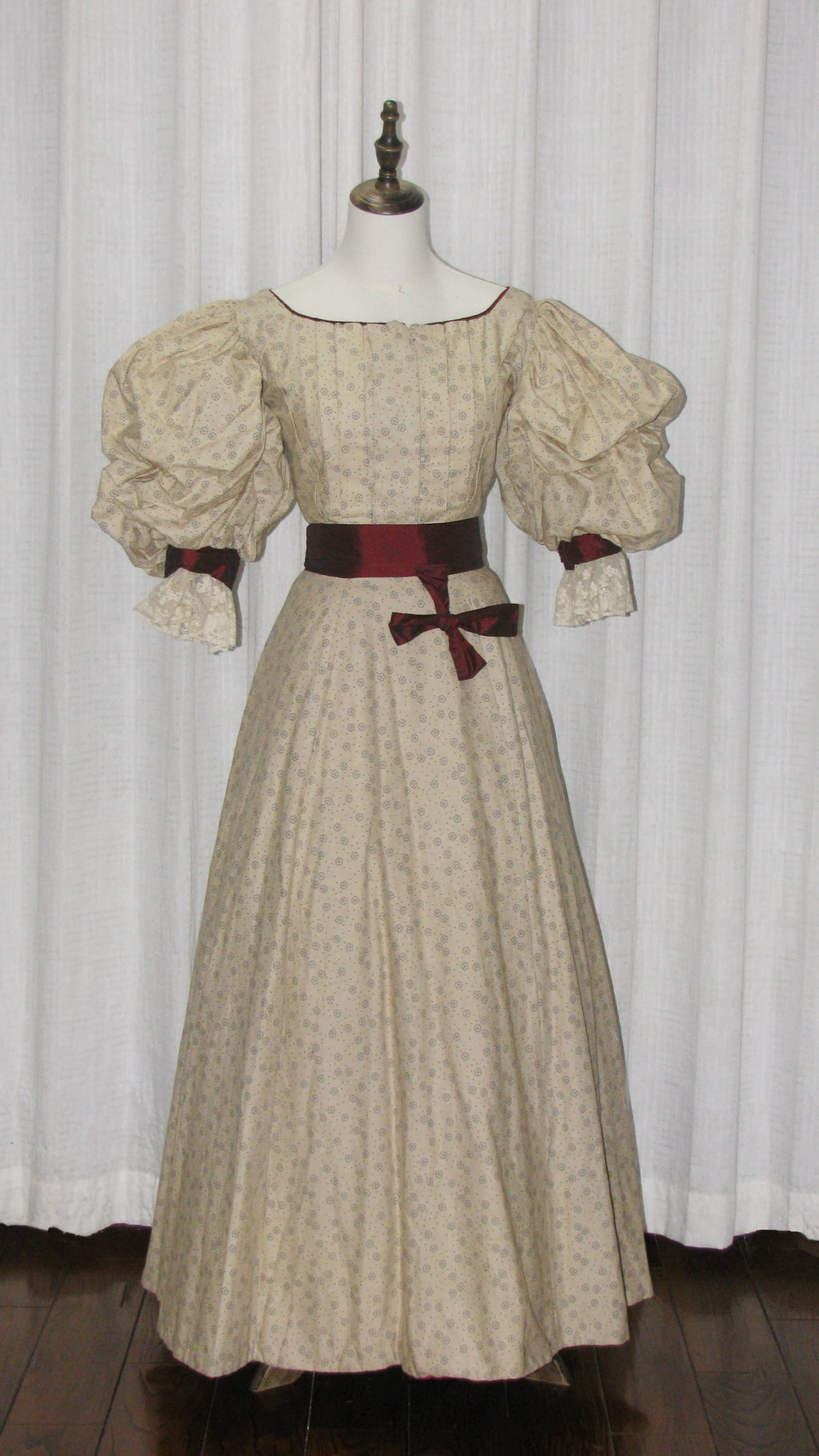 1890s Light Beige Floral Day|Evening Dress with Square Neck & Puff Sleeves - ARCL1008