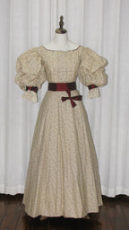 1890s Light Beige Floral Day|Evening Dress with Square Neck & Puff Sleeves - ARCL1008