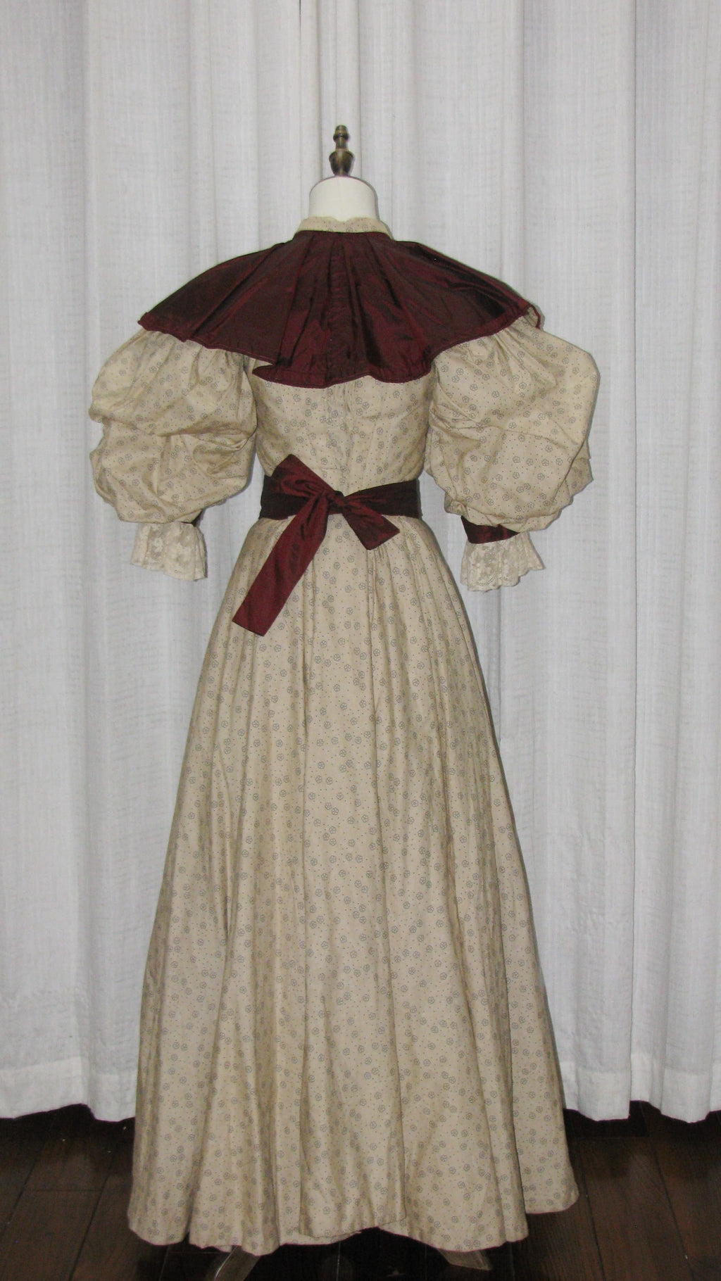 1890s Light Beige Floral Day|Evening Dress with Square Neck & Puff Sleeves - ARCL1008