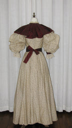 1890s Light Beige Floral Day|Evening Dress with Square Neck & Puff Sleeves - ARCL1008