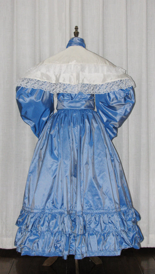 1830s Romantic Blue & White Day Dress with Bows & Lace - ARCL1005