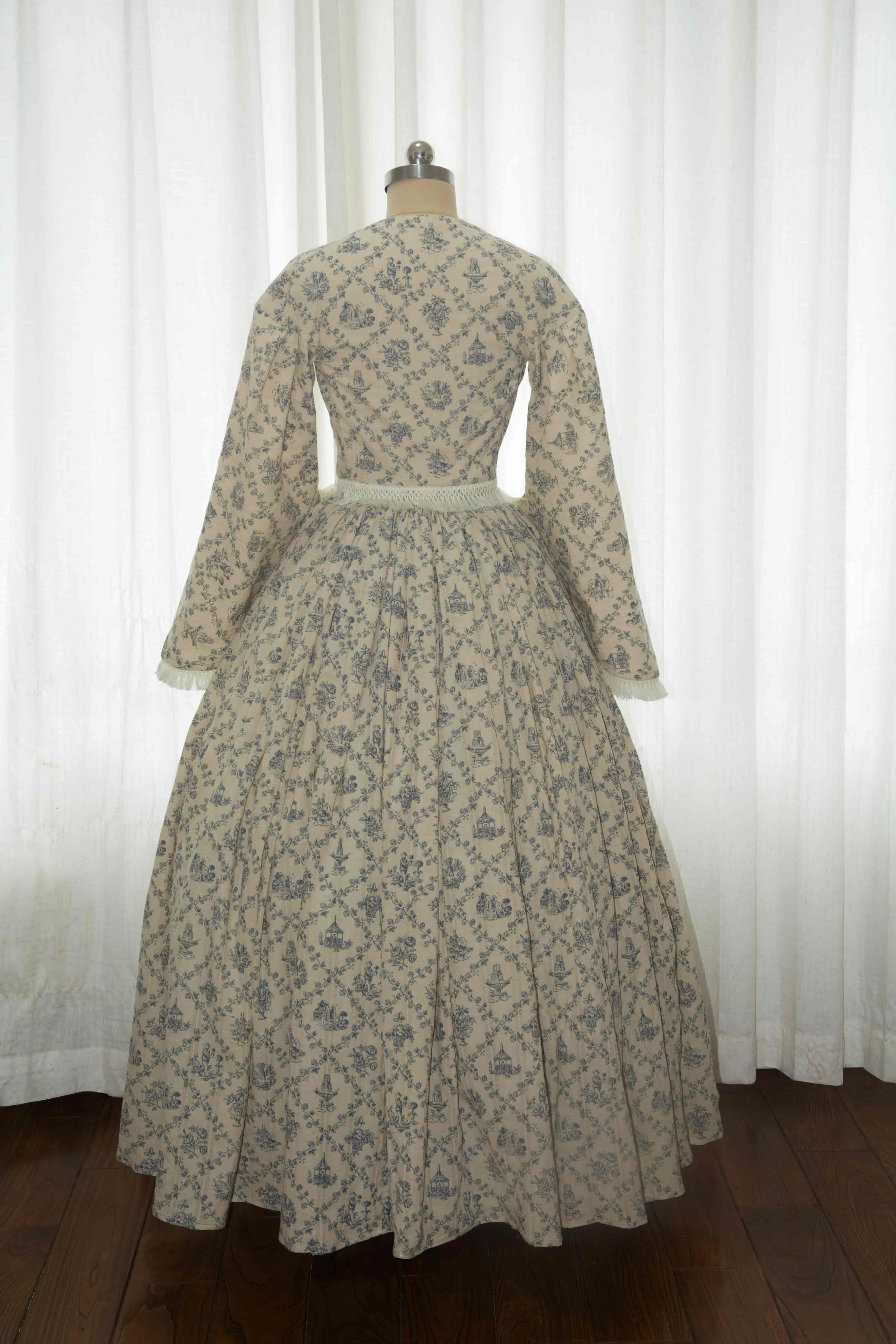 Mid-Victorian 1850s Civil War Day Dress - Blue Toile Print Cotton Gown with Pagoda Sleeves & Fringe Trim ARCL1012