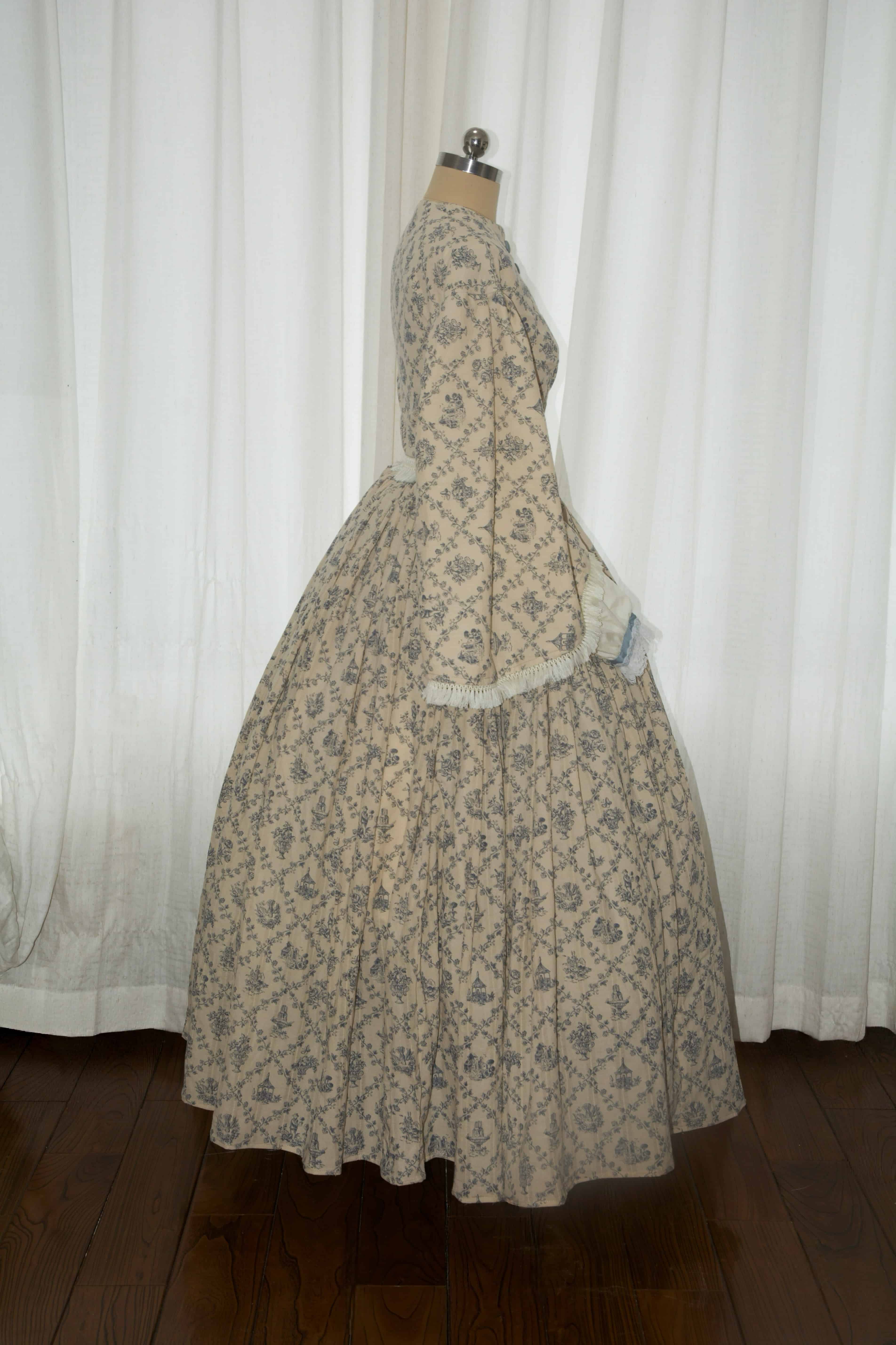 Mid-Victorian 1850s Civil War Day Dress - Blue Toile Print Cotton Gown with Pagoda Sleeves & Fringe Trim ARCL1012