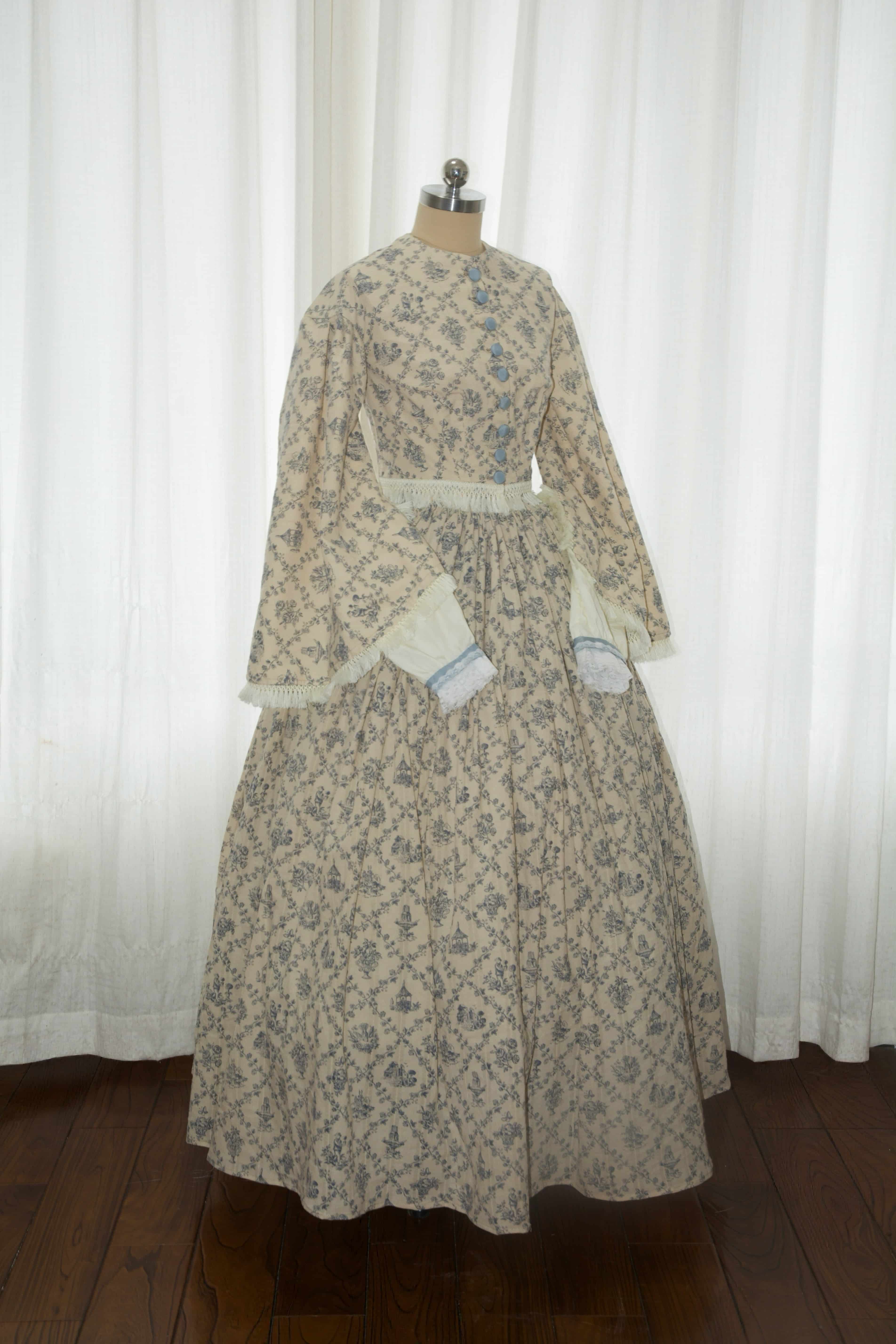 Mid-Victorian 1850s Civil War Day Dress - Blue Toile Print Cotton Gown with Pagoda Sleeves & Fringe Trim ARCL1012