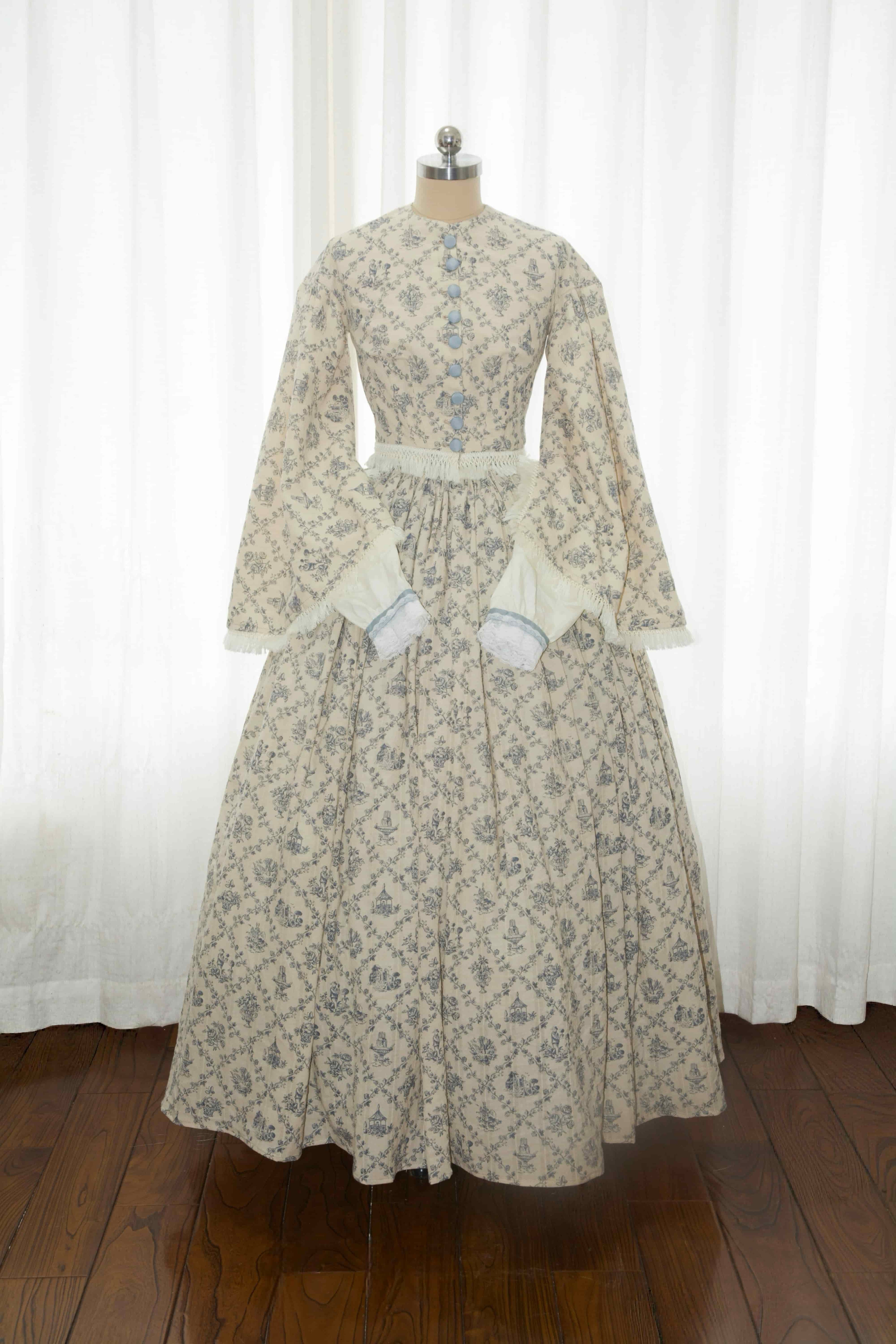 Mid-Victorian 1850s Civil War Day Dress - Blue Toile Print Cotton Gown with Pagoda Sleeves & Fringe Trim ARCL1012