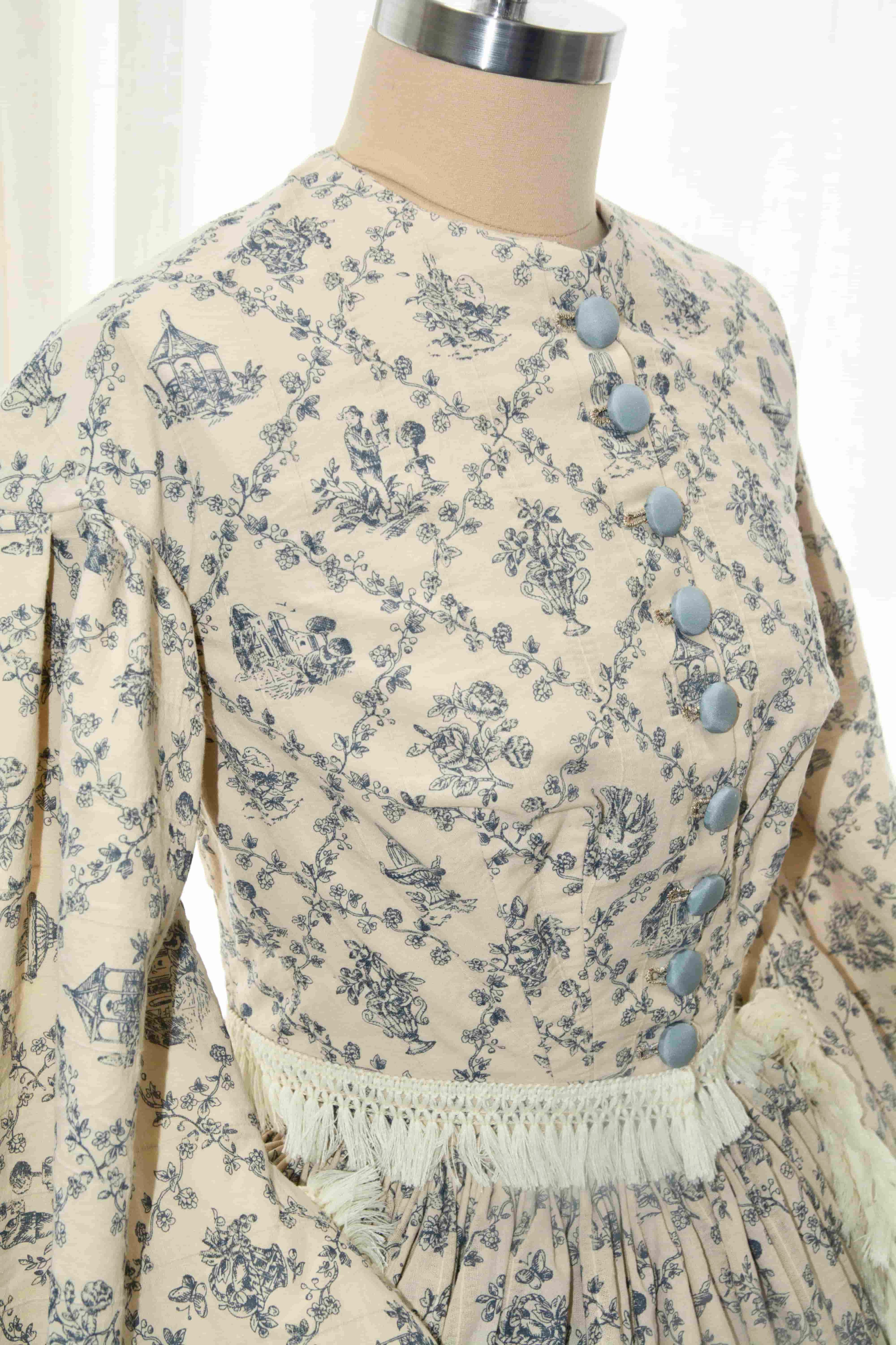 Mid-Victorian 1850s Civil War Day Dress - Blue Toile Print Cotton Gown with Pagoda Sleeves & Fringe Trim ARCL1012