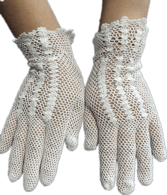 White Elegant Crochet Lace Gloves | Ruffled Cuff Vintage-Style Gloves for Weddings & Retro Styling ARCC1014