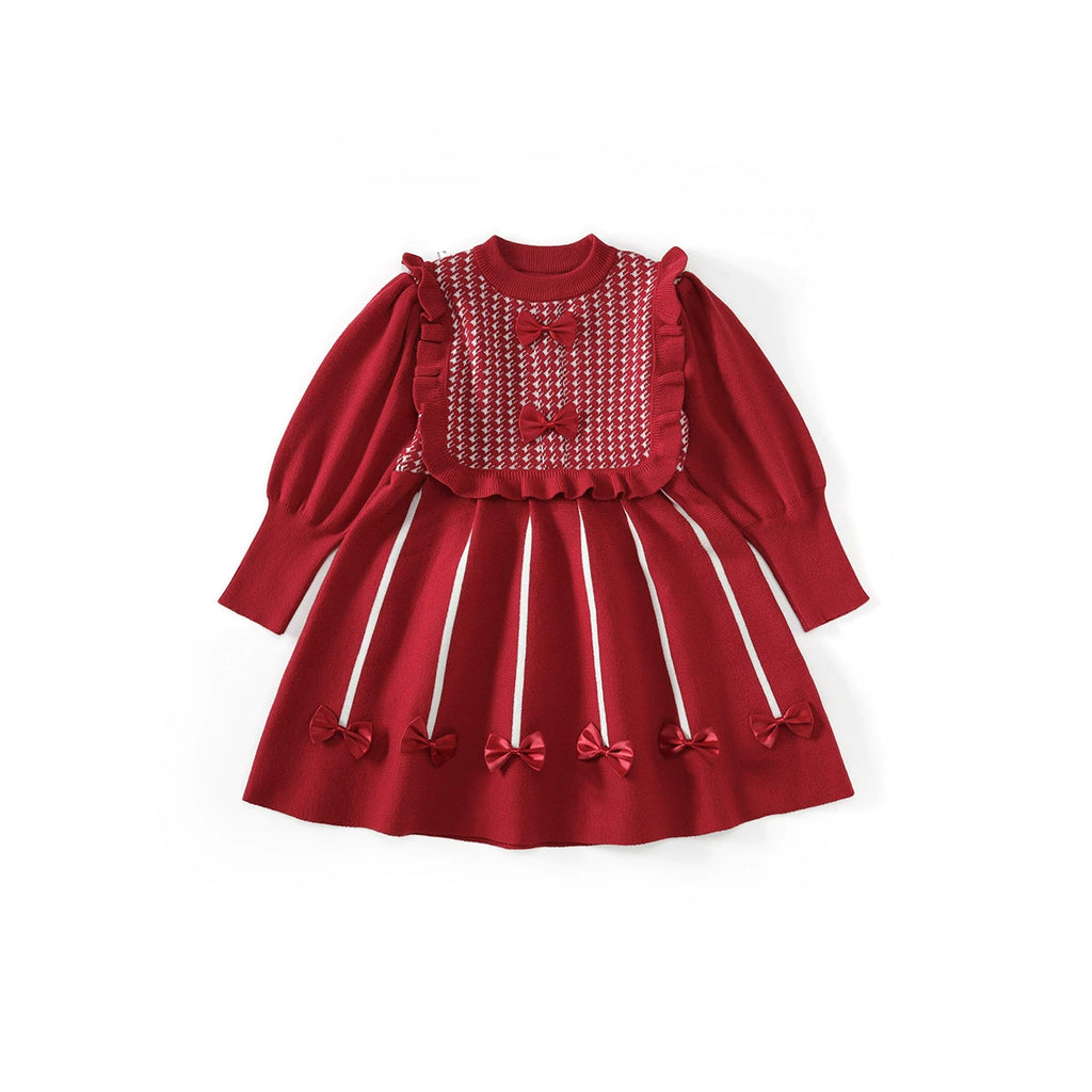 Victorian Inspired Red Knit Girl’s Dress | Houndstooth Pattern Puff Sleeve Holiday Dress ARCH1001