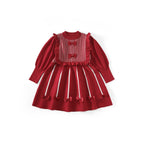 Victorian Inspired Red Knit Girl’s Dress | Houndstooth Pattern Puff Sleeve Holiday Dress ARCH1001