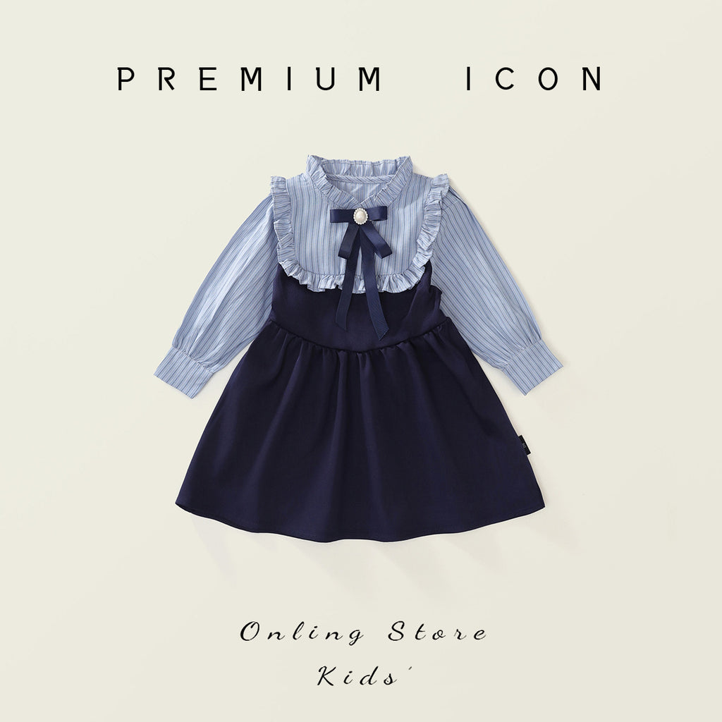 Victorian Inspired Stripe Ruffle Fake Two-Piece Girl’s Dress | Preppy Bow Accent Kids Dress K4124930