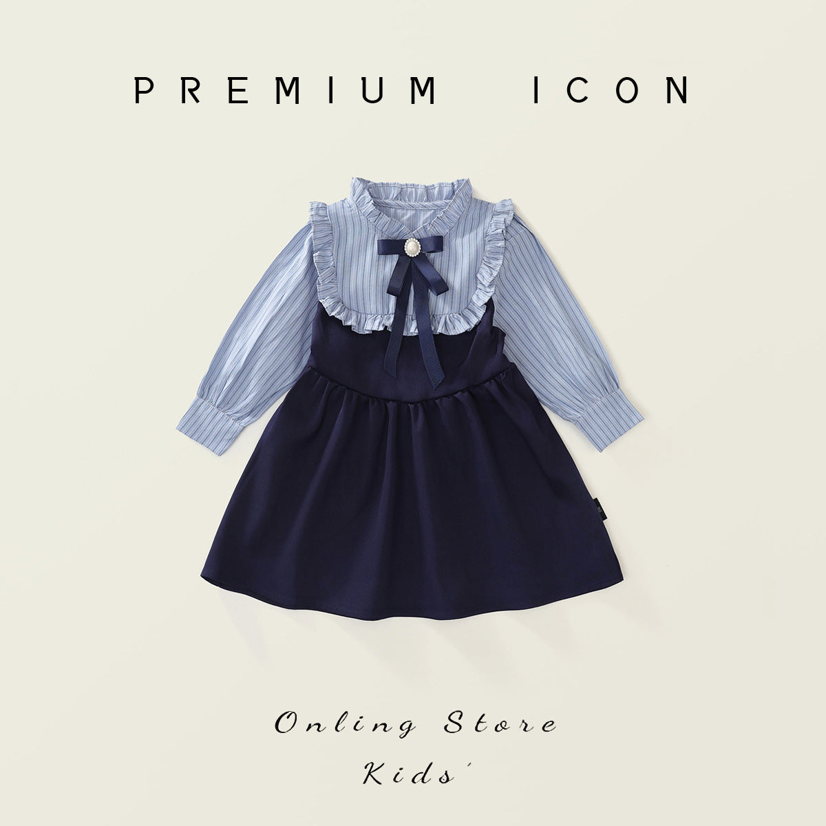 Victorian Inspired Stripe Ruffle Fake Two-Piece Girl’s Dress | Preppy Bow Accent Kids Dress K4124930