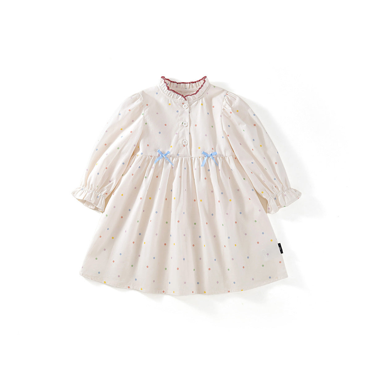 Victorian Inspired Rainbow Dot Girl’s Dress | Ruffled Neck Puff Sleeve Bow Accent Dress K6115974