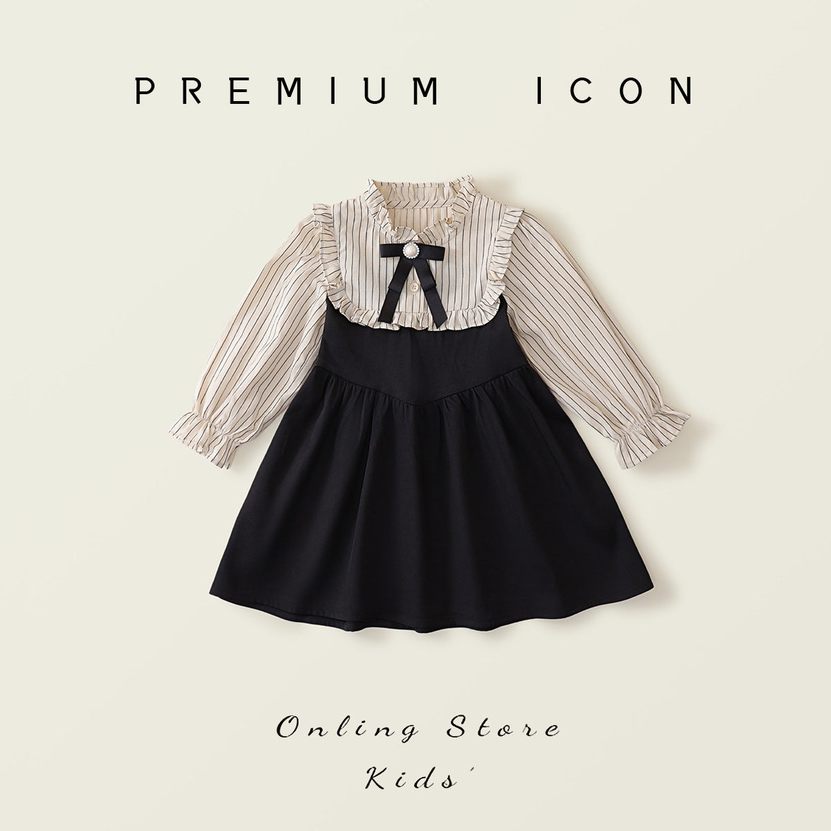 Victorian Inspired Stripe Ruffle Fake Two-Piece Girl’s Dress | Preppy Bow Accent Kids Dress K4124930