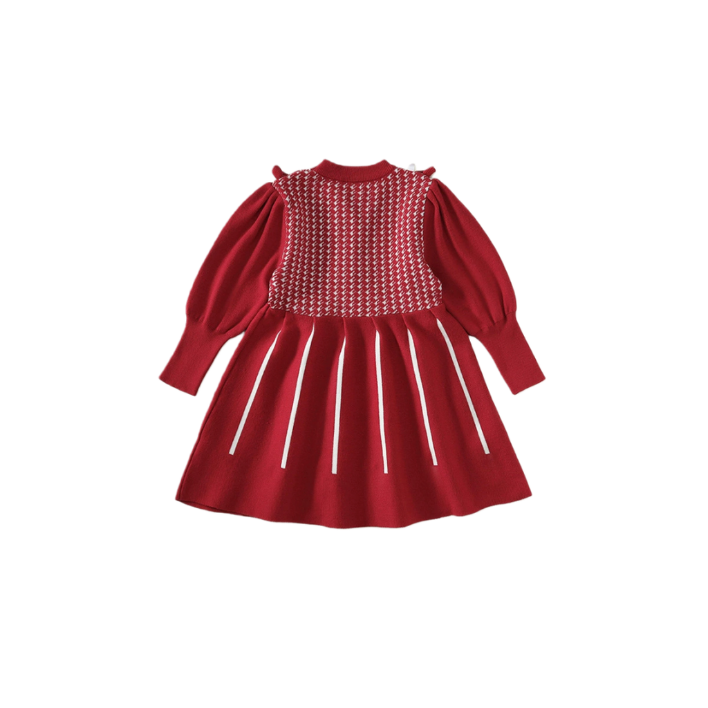 Victorian Inspired Red Knit Girl’s Dress | Houndstooth Pattern Puff Sleeve Holiday Dress ARCH1001