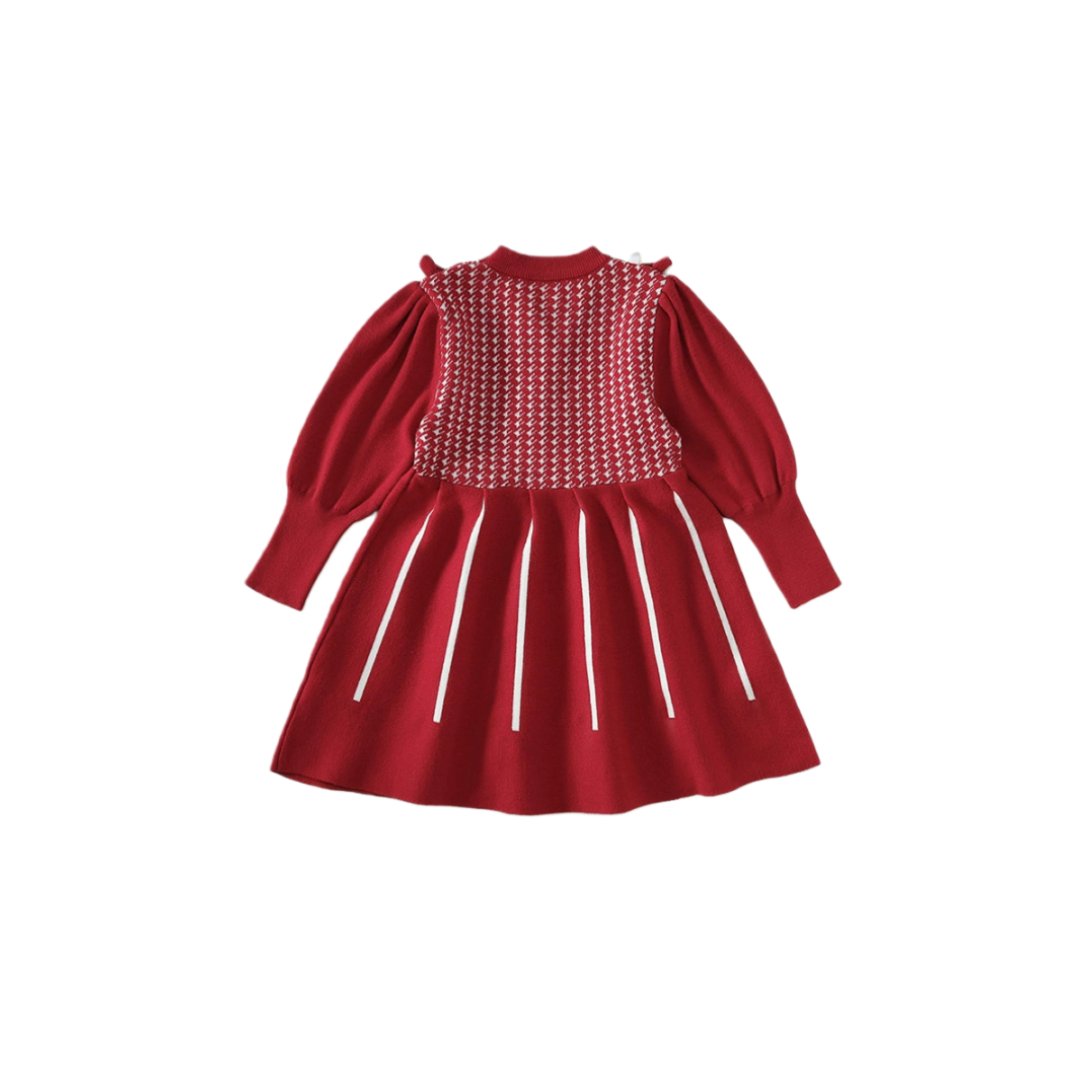 Victorian Inspired Red Knit Girl’s Dress | Houndstooth Pattern Puff Sleeve Holiday Dress ARCH1001