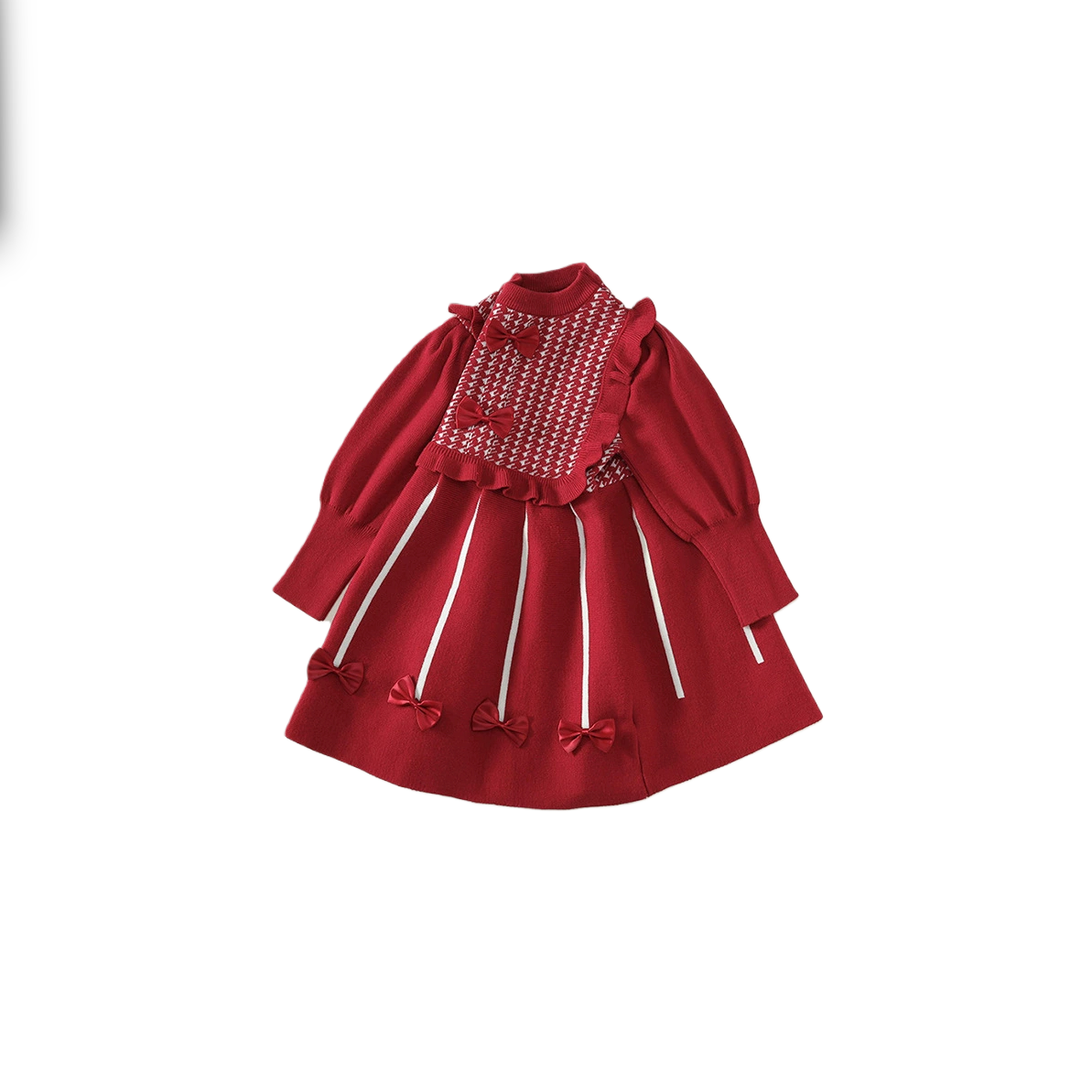 Victorian Inspired Red Knit Girl’s Dress | Houndstooth Pattern Puff Sleeve Holiday Dress ARCH1001