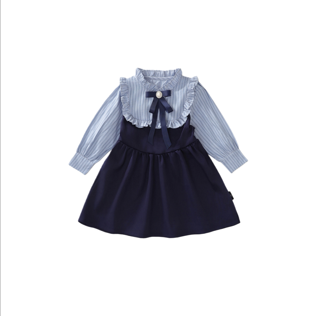 Victorian Inspired Stripe Ruffle Fake Two-Piece Girl’s Dress | Preppy Bow Accent Kids Dress K4124930