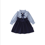 Victorian Inspired Stripe Ruffle Fake Two-Piece Girl’s Dress | Preppy Bow Accent Kids Dress K4124930