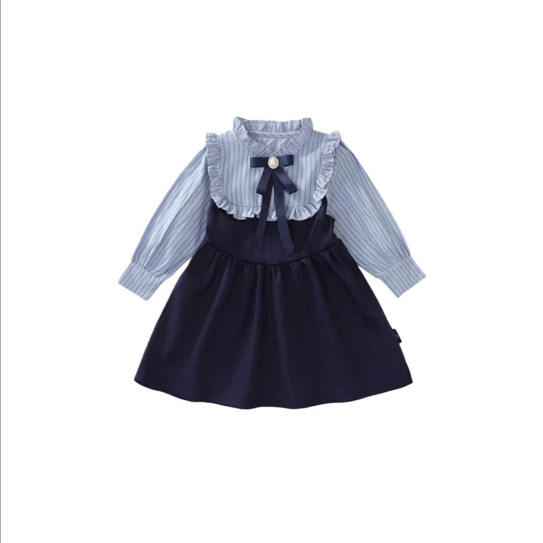 Victorian Inspired Stripe Ruffle Fake Two-Piece Girl’s Dress | Preppy Bow Accent Kids Dress K4124930
