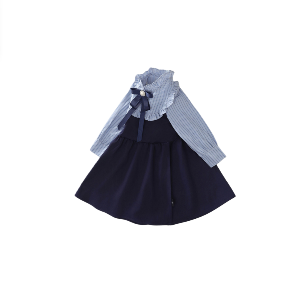 Victorian Inspired Stripe Ruffle Fake Two-Piece Girl’s Dress | Preppy Bow Accent Kids Dress K4124930