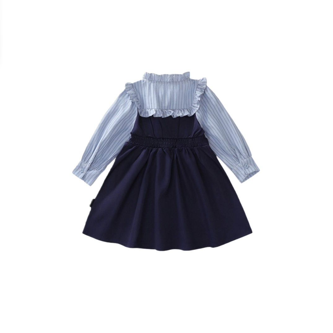 Victorian Inspired Stripe Ruffle Fake Two-Piece Girl’s Dress | Preppy Bow Accent Kids Dress K4124930