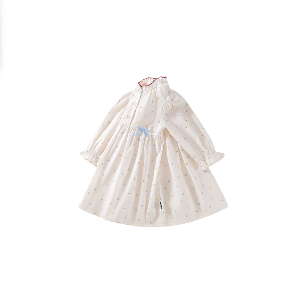Victorian Inspired Rainbow Dot Girl’s Dress | Ruffled Neck Puff Sleeve Bow Accent Dress K6115974
