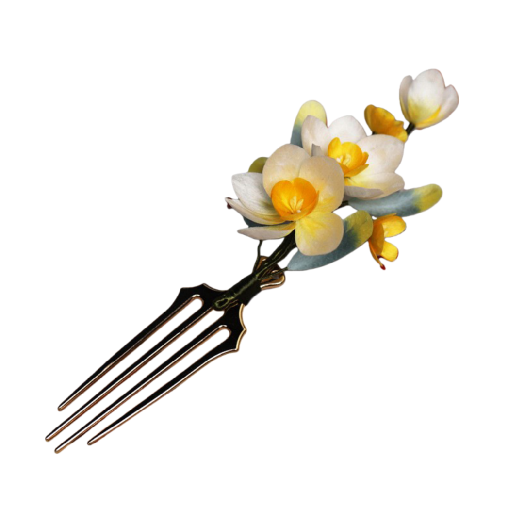 Ronghua Natural Silk Flower Yellow & White Faux Blossom Hair Fork | Romantic Bridal Hair Accessory ARCC1024