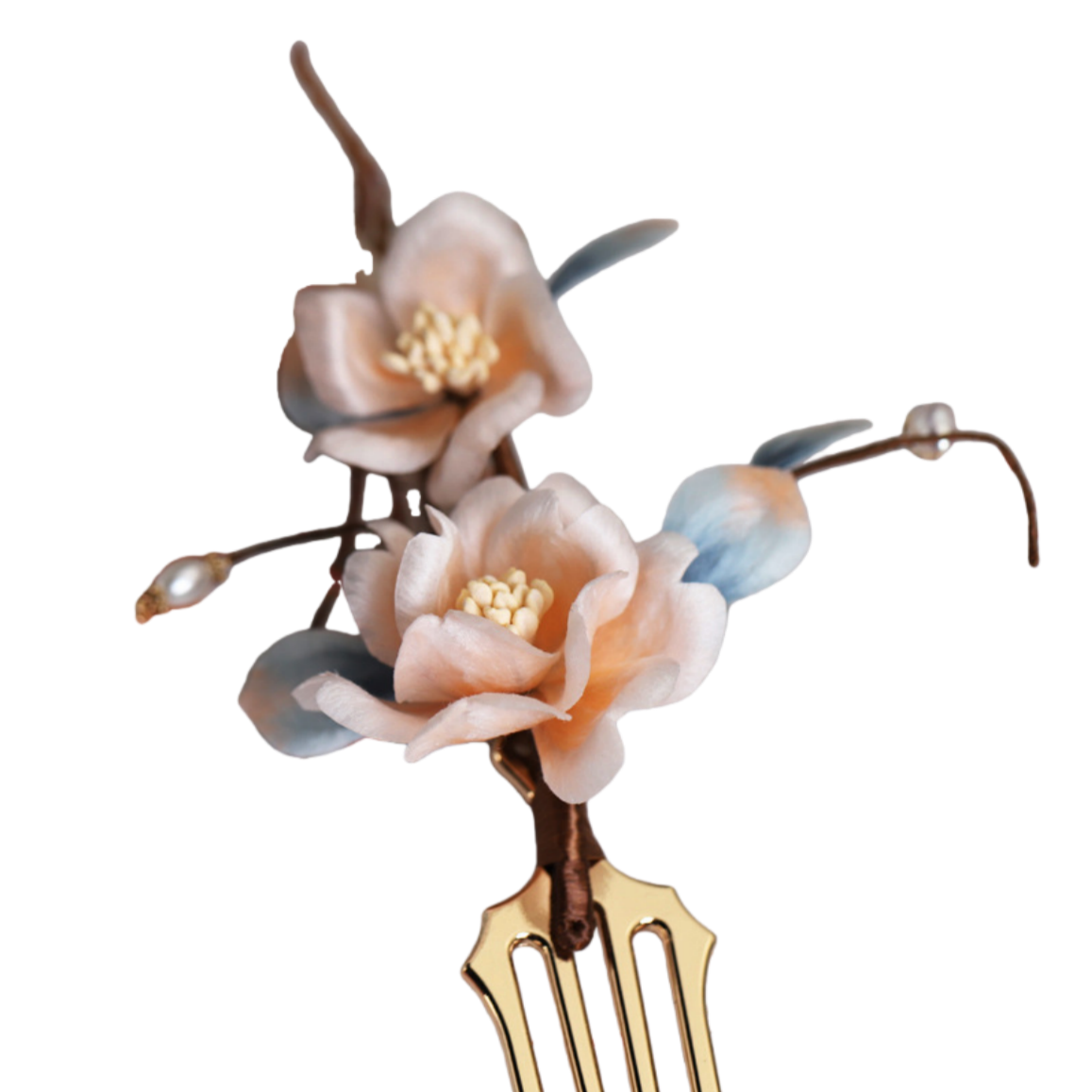 Ronghua Natural Silk Flower Yellow & White Faux Blossom Hair Fork | Romantic Bridal Hair Accessory ARCC1024