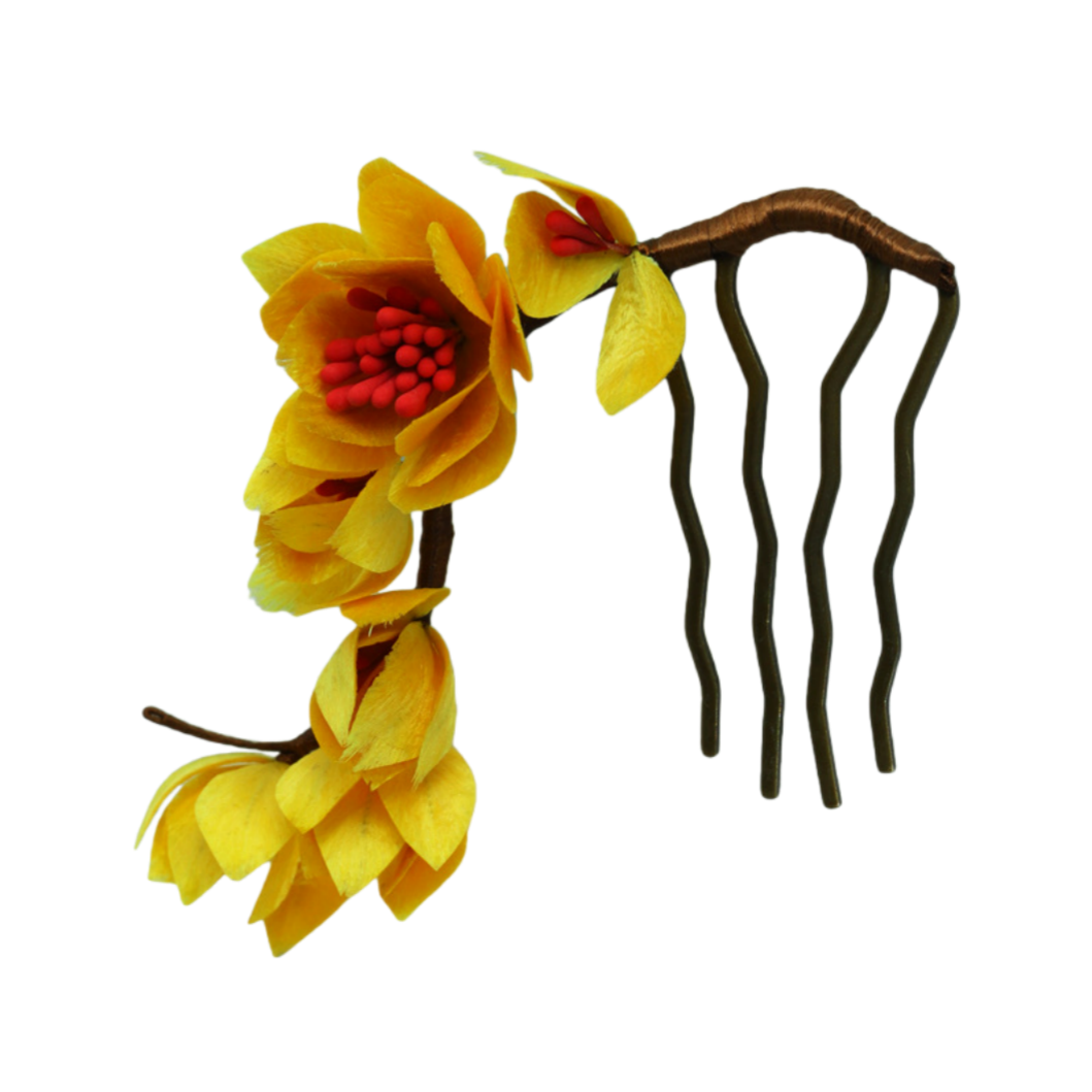 Ronghua Natural Silk Flower Yellow & White Faux Blossom Hair Fork | Romantic Bridal Hair Accessory ARCC1024