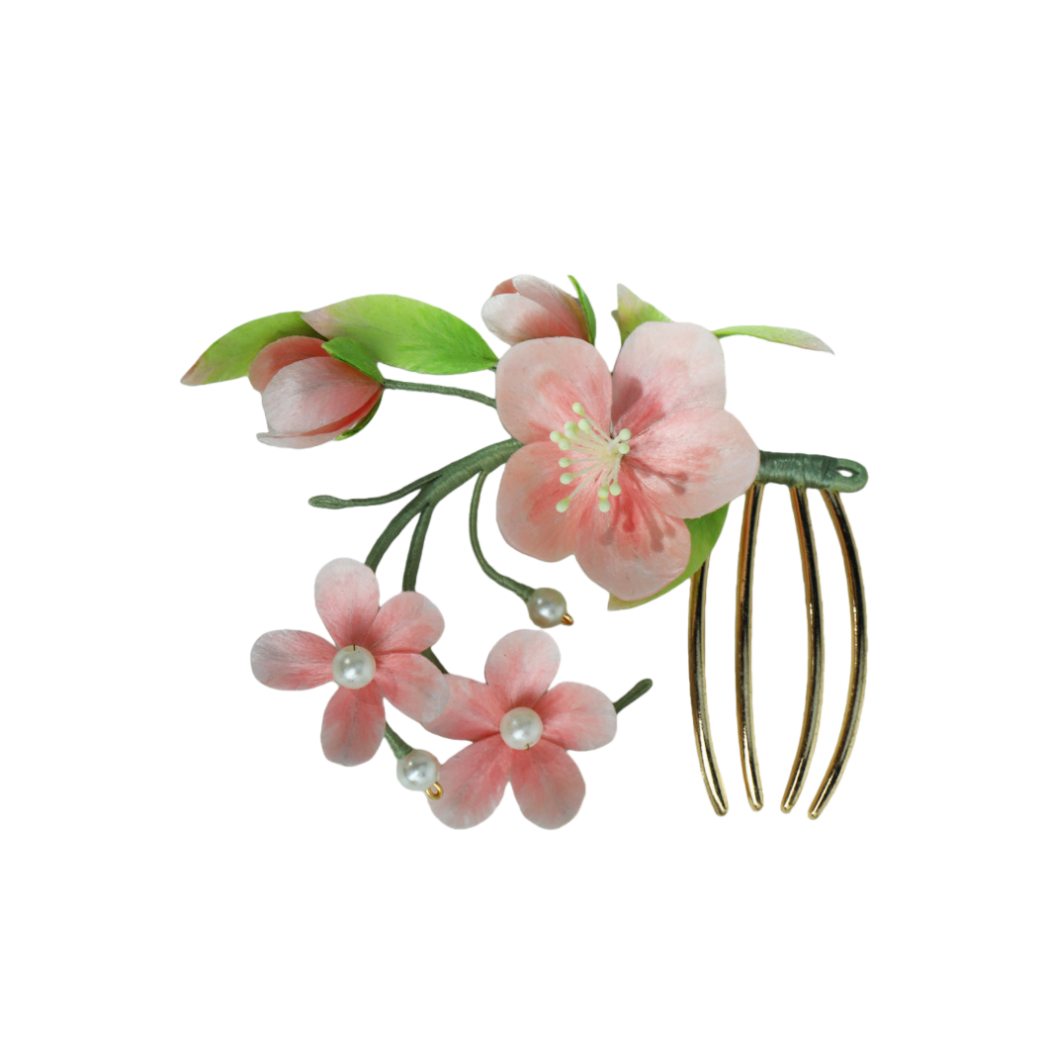 Ronghua Natural Silk Flower Red Faux Blossom Hair Fork | Romantic Bridal Hair Accessory ARCC1026