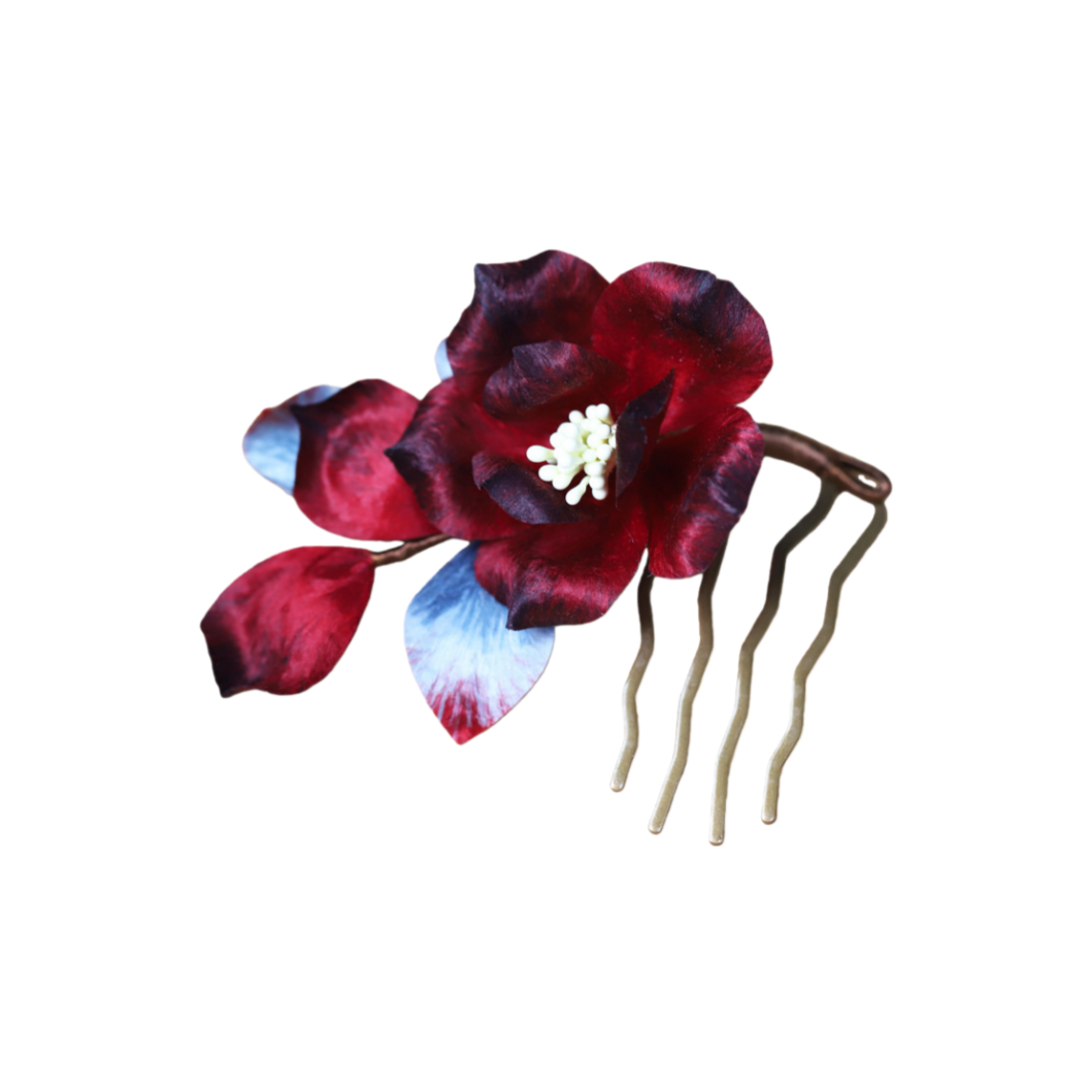 Ronghua Natural Silk Flower Red Faux Blossom Hair Fork | Romantic Bridal Hair Accessory ARCC1026