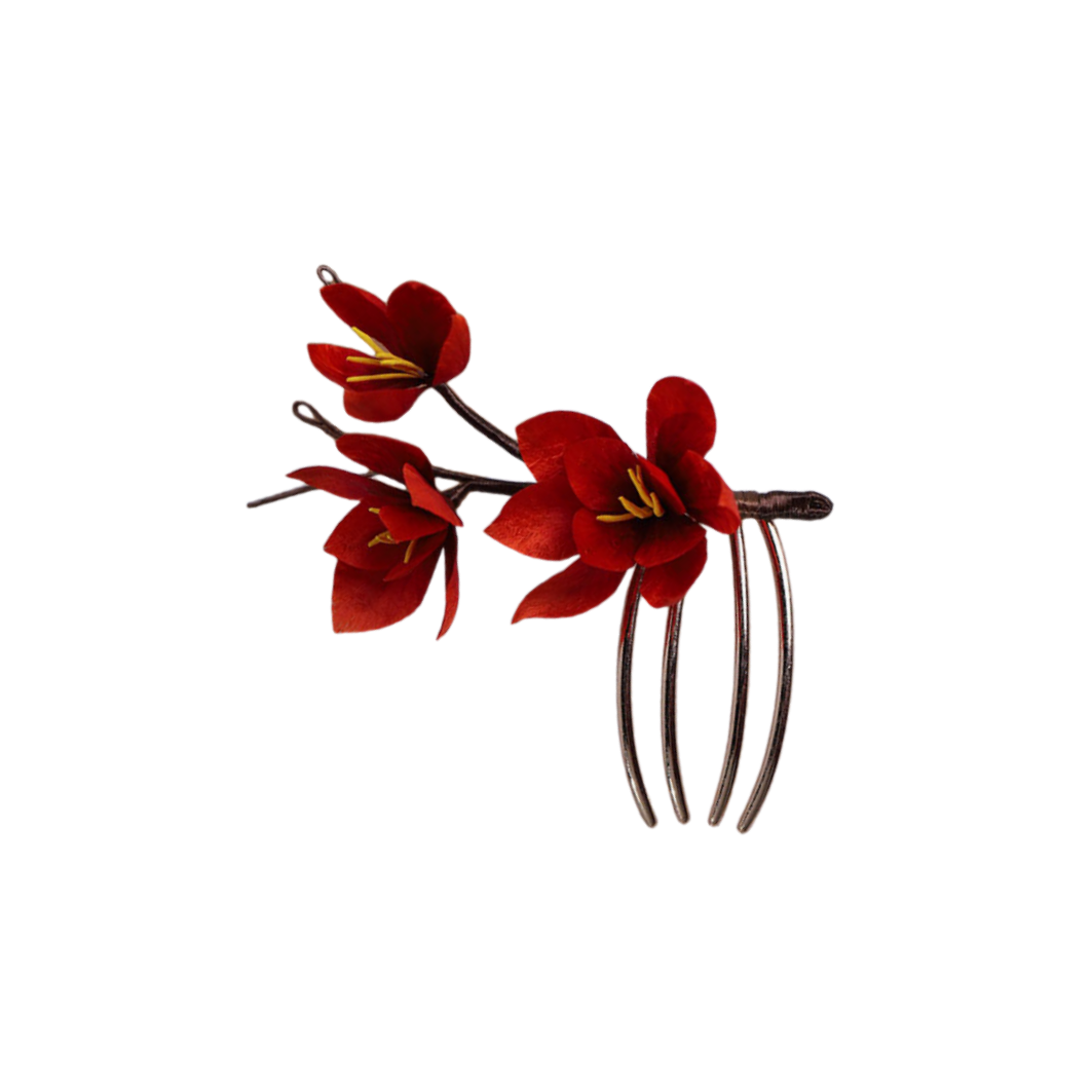 Ronghua Natural Silk Flower Red Faux Blossom Hair Fork | Romantic Bridal Hair Accessory ARCC1026