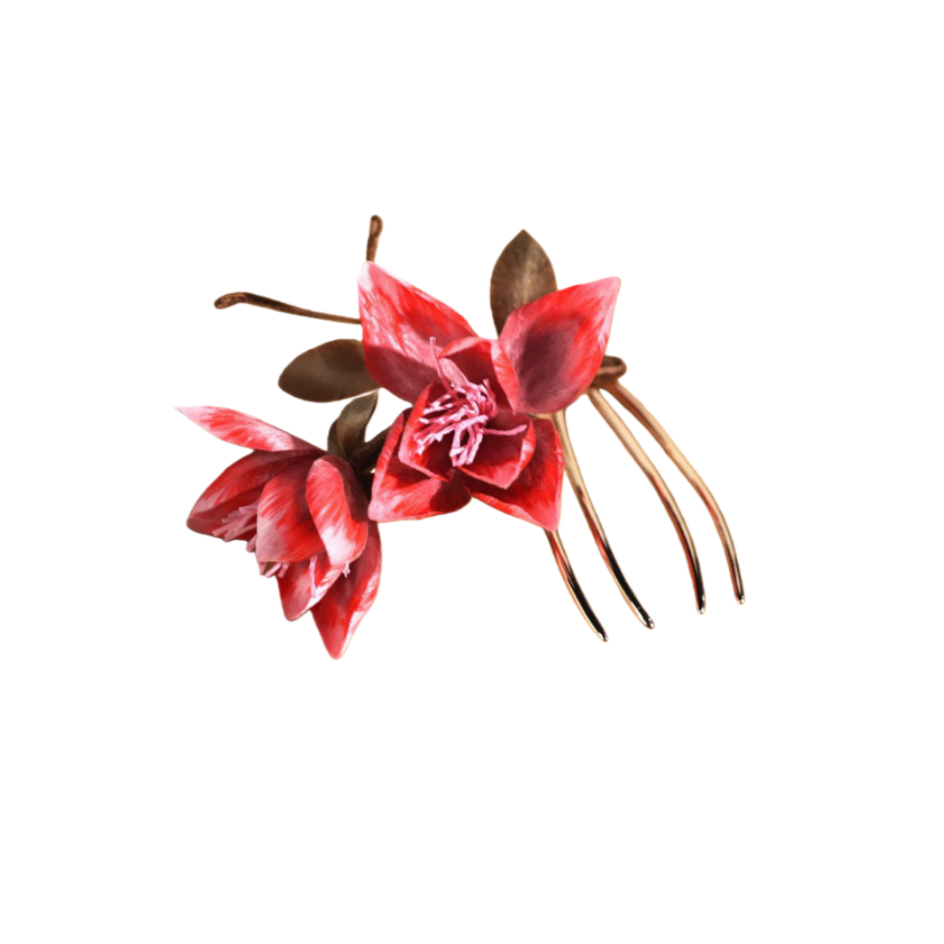 Ronghua Natural Silk Flower Red Faux Blossom Hair Fork | Romantic Bridal Hair Accessory ARCC1026