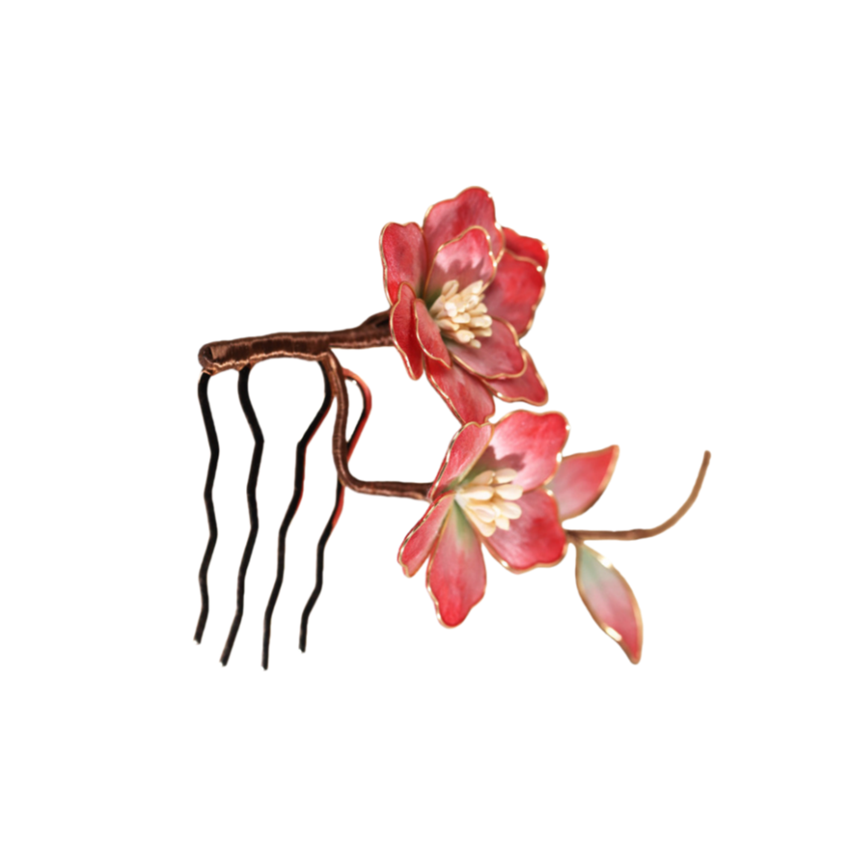 Ronghua Natural Silk Flower Red Faux Blossom Hair Fork | Romantic Bridal Hair Accessory ARCC1026
