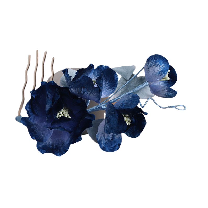 Ronghua Natural Silk Flower Blue Faux Blossom Hair Fork | Romantic Bridal Hair Accessory ARCC1027