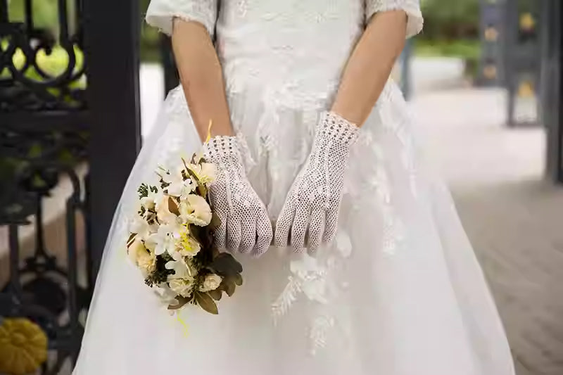 White Elegant Crochet Lace Gloves | Ruffled Cuff Vintage-Style Gloves for Weddings & Retro Styling ARCC1014