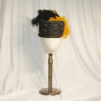Regency Emma’s Black Satin Headband Hat with Yellow & White Feather Accents - Retro Party Headwear ARHA1029