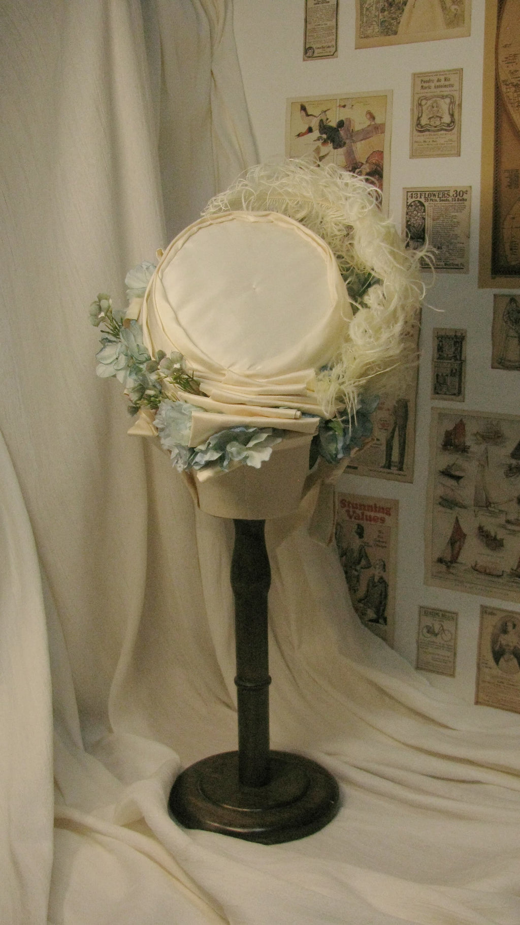 Regency Cream & Light Blue Feathered Bonnet with Floral & Satin Accents - Elegant Headwear for Tea Parties & Retro Styling ARHA1019