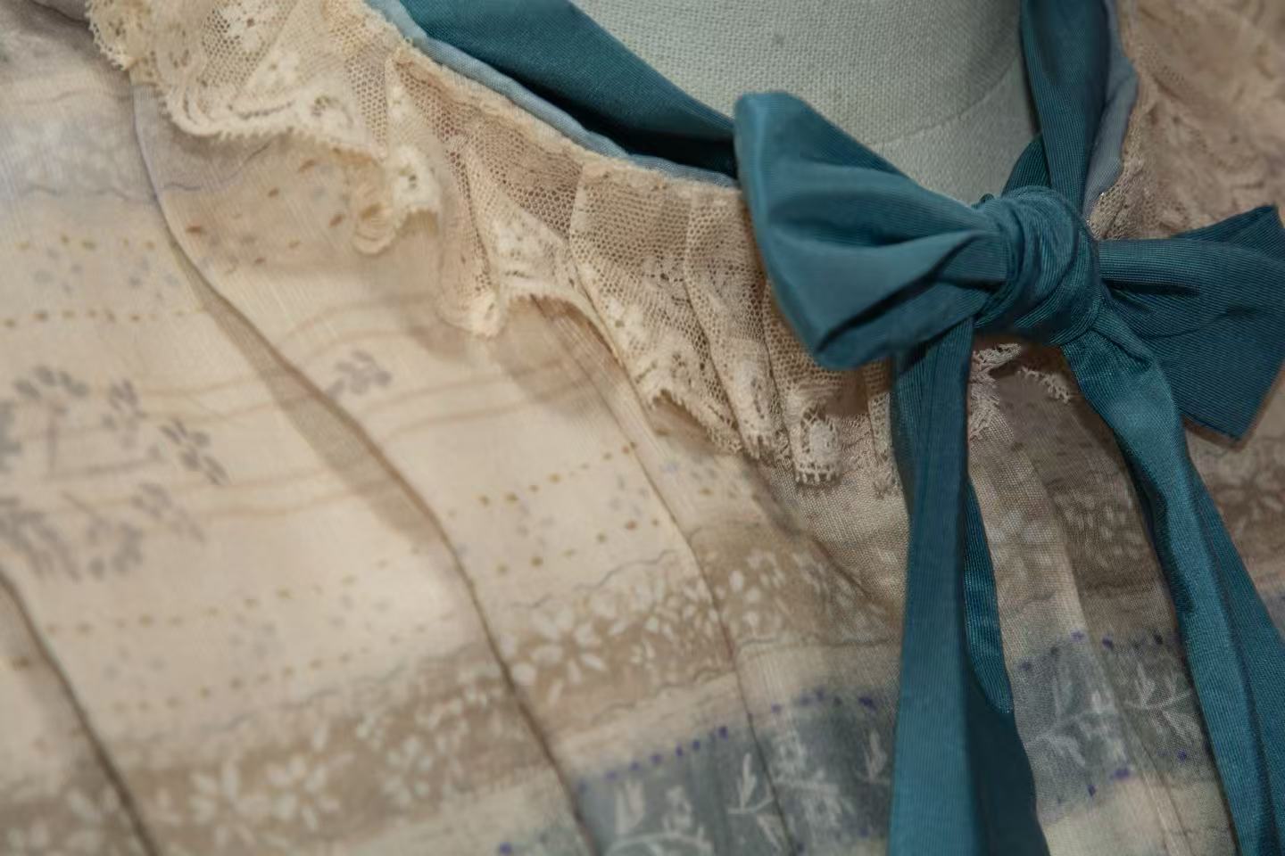 1850 Victorian Daydress Silk Taffeta Grenadine Japanese Ribbon Tea Dyed Cotton Lace Cotton Tassels ARCL1011