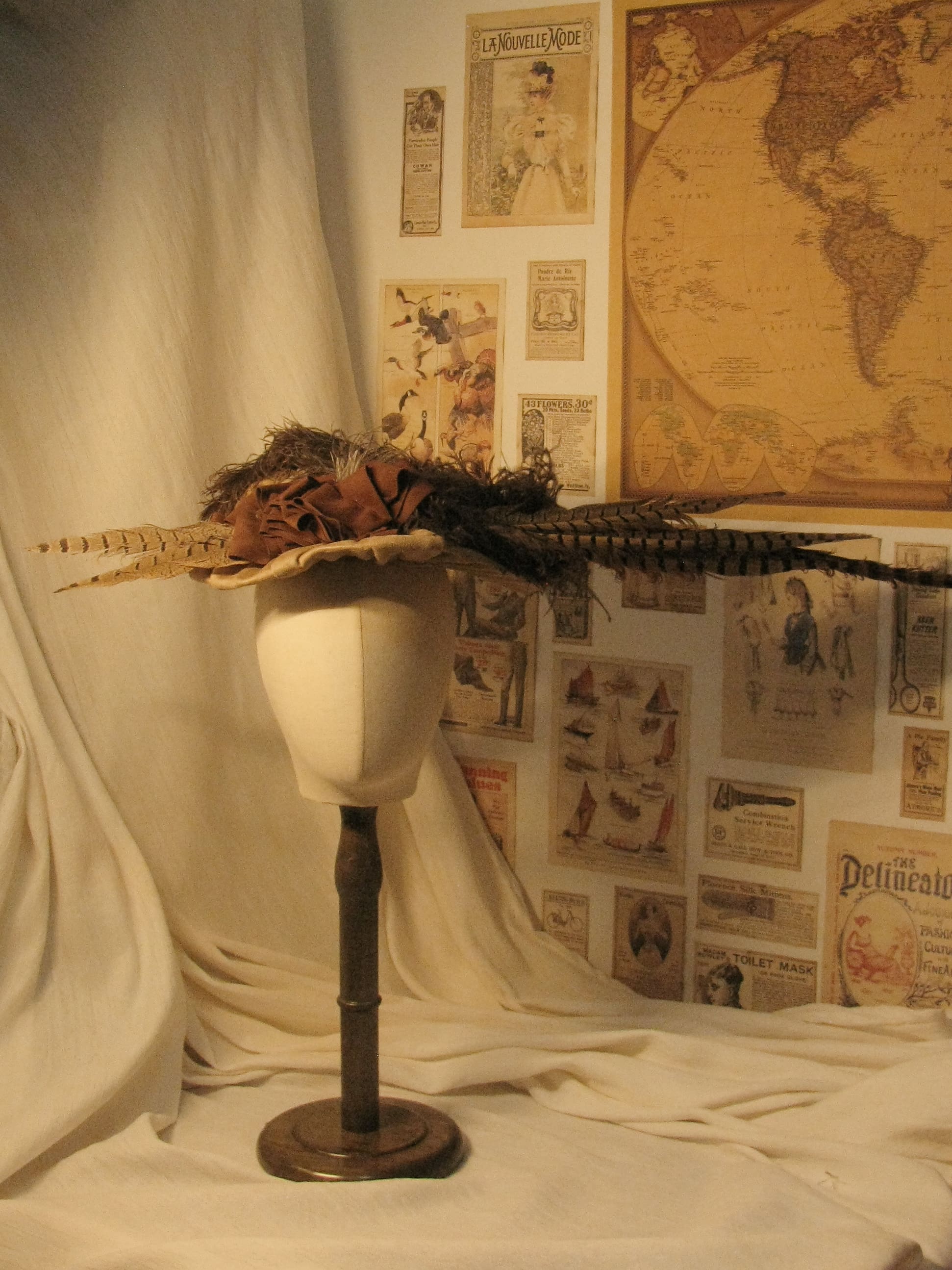 Victorian Edwardian Wide-Brimmed Hat with Brown Satin Rosette and Exotic Feather Details ARHA1003