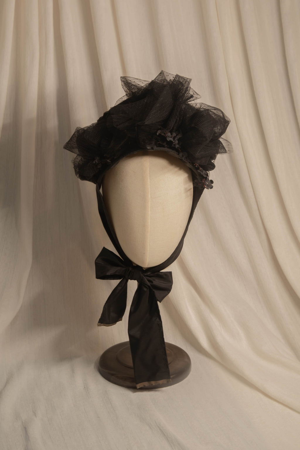 Victorian 1880s Mourning Bonnet - Black Silk Taffeta & Tulle Historical Headpiece