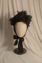 Victorian 1880s Mourning Bonnet - Black Silk Taffeta & Tulle Historical Headpiece