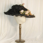 Edwardian Black Lace & Feather Hat with Pink-White Roses - Elegant Formal Event Headwear ARHA1028